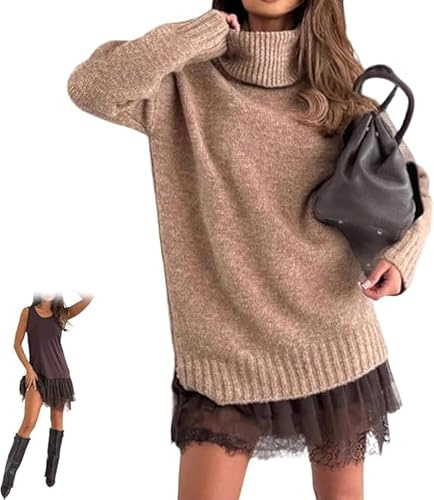 2 Piece Women's Turtleneck Sweater Mini Dress Set, Combining a Soft Sweater Dress with an Elegant Lace-Trim Slip，2026 Turtleneck Skirt Set (Khaki,L)
