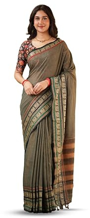RAAGVARNAM Narayanpeth Mercerized Cotton Grey Saree with Traditional Contrast Border & Rich Pallu | Soft Lightweight Ethnic Cotton Saree for Women