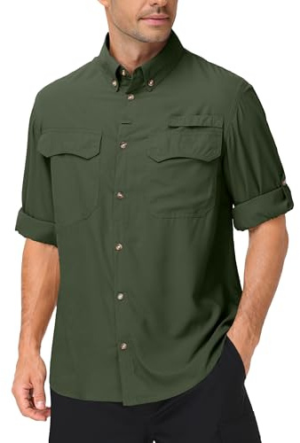 Men's Safari Shirt Roll Up Long Sleeve , UPF 50+ Button Down Hiking Shirts | Quick Dry and Breathable, Cooling Vented Back, Secure Utility Pocket, UV Protection Shirts for Outdoor, Fishing and Travel