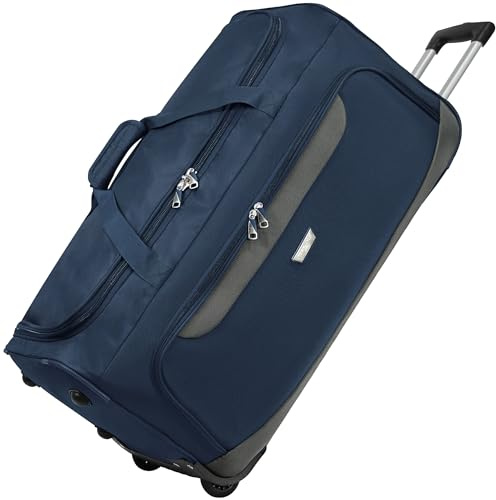 Rocklands® Lightweight Wheeled Holdall Large Duffle Trolley Suitcase Thick Heavy-Duty Cross Nylon EVA-Backed Front, Hard Base Travel Bag (Large - 32 (H82xW42xD40 cm), Navy)