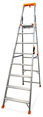 KELI - Échelle Pliable, Escabeau, Marchepied, Fabriqué en Aluminium, Qualité Professionnelle, Poignée de Transport Confort, Porte Outils ABS (8 Marches (Travail à 3,85m))