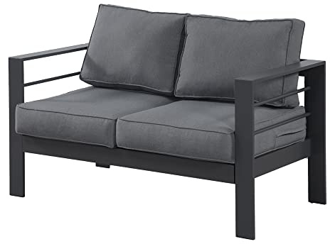 Wisteria Lane Patio Furniture Aluminum Loveseat, All-Weather Outdoor 2 Seats Sofa Couch, Gray Metal Chair with Dark Grey Cushions