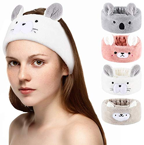 4 Pièces Bandeaux de Maquillage d'Animal Bandeau de Lavage de Visage en Molleton de Corail Bandeau de Spa d'Oreilles d'Animaux pour Femme Fille Cosmétique Douche (Style Adorable)
