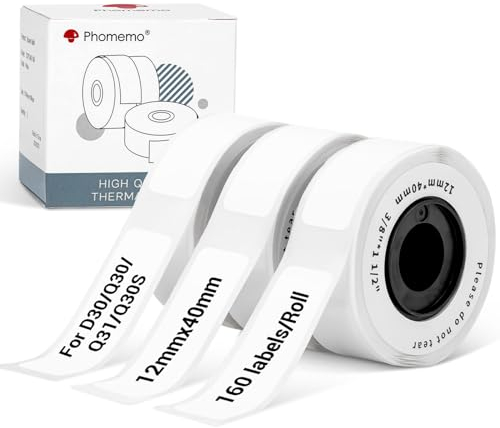 Phomemo Etiketten Weiß für D30 Etikettendrucker, Thermo-Etiketten Kompatibel mit Colorwing Q30,Phomemo Q31/Q30/Q30S Beschriftungsgerät,12mmx40mm Schriftband mit 160 Etiketten/Rolle,3 Rollen