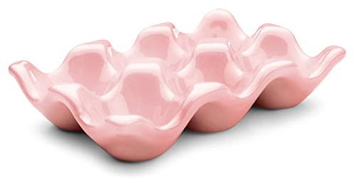 Flexzion 6 Uova in Ceramica Portauova, 6 Pezzi Portauova in Porcellana, Antiscivolo Uova Piatto Portauova Contenitore Portauova per Casa Cucina Frigorifero Ristorante - Rosa