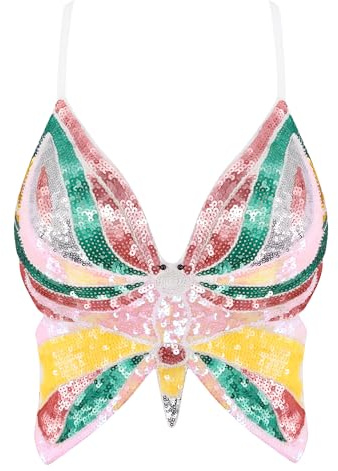 Mocure Top Corto da Donna con Paillettes con Farfalla Scintillante Sexy alla Moda Senza Maniche Carino Farfalla Halter Top Rave, Canottiera Avvolgente, Farfalla Bianca e Multicolore, Taglia Unica