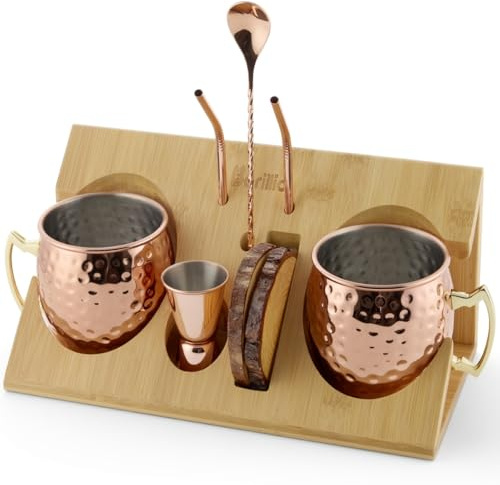 Barillio Moscow Mule Mugs Set - 2 Stainless Steel, Copper-Plated Cocktail Mugs with Bamboo Stand - Food-Safe, Moscow Mule Kit with Copper Cups, Drinking Straws and Mixing Spoon - 2 x 18 Oz