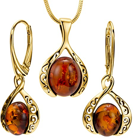 Copal Schmuckset Aus Bernstein Mit Goldplattierter Silberkette Und Ohrringen