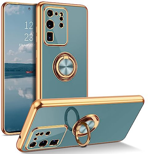 DUEDUE for Samsung Galaxy S20 Ultra Case with Ring Holder Kickstand 360 Degree Rotation Magnetic Car Finger Soft Slim Cover Shockproof Full Body Phone Case for Samsung S20 Ultra 6.9, Gray Green