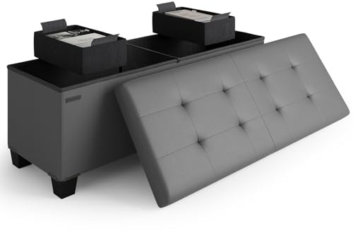 Storage Ottoman Bench with Bins, 43-in Storage Bench for Bedroom End of Bed, Folding Foot Rest Ottoman for Living Room Max 660lbs, Faux Leather Ottomans, Grey