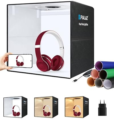 PULUZ Caja de Luces Portátil 50x50cm con 20W USB-PD, Photo Box Kit con Temperaturas de 3 Colores Ajustables 160pcs LED & Carga Rápida USB & 12 Fondos para Fotografía de Productos