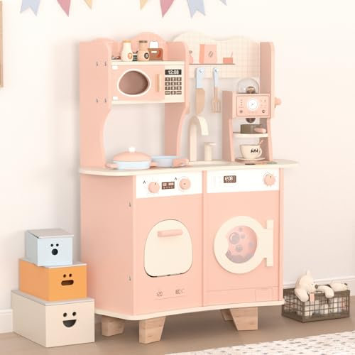 XJD Kinderküche Holz Spielküche mit Zubehör, Puppenküche mit Kaffeemaschine, Mikrowelle, Ofen, Waschmaschine - Kinder Küche Spielset ab 3 Jahren