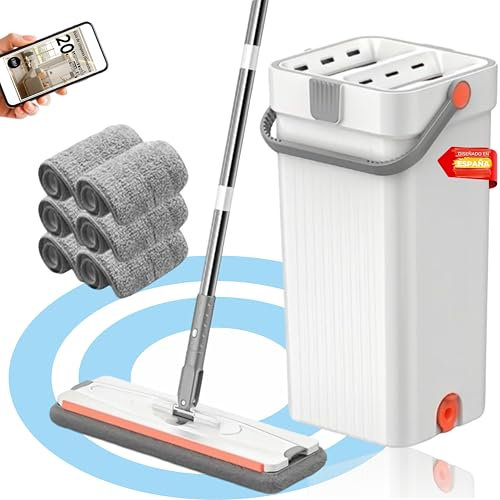 Mopa Fregona con Cubo Escurridor DuoDry, Cubo Fregona Dos Compartimentos y 6 Mopas de Limpieza Suelos, Mopa para Limpiar Azulejos y Paredes y Ventanas