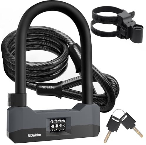 NDakter Bike Locks Heavy Duty Anti Theft, 18mm Bicycle Combo U Lock, 4-Digit Resettable Large Combination Lock with 5FT Steel Cable and Bracket, for Electric Scooter, Ebike, Motorcycle (Gray)