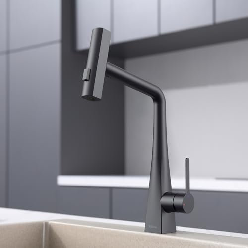 Kelleria Robinet de cuisine extensible, démarrage à froid, noir, avec douchette, 3 types de jets, haute pression, pivotant à 360°, mitigeur de cuisine en acier inoxydable