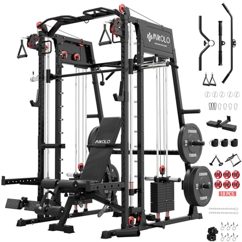 Mikolo Smith Machine, 2200lbs Squat Rack with LAT-Pull Down System & Cable Crossover Machine, Power Rack and Packages (BPRO230HPHGP with Weight Stack)