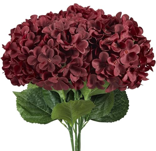 Subacy 6 hortensias artificiales, hortensias de seda sintética con tallos largos, decoración del hogar, boda, centros de mesa, decoraciones de fiesta (rojo oscuro)