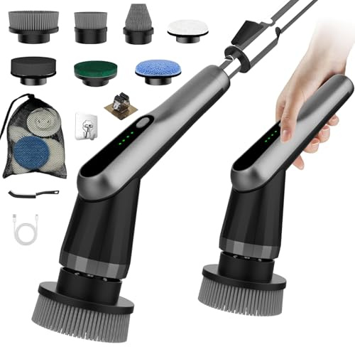 Elektrische Reinigungsbürste, Electric Cleaning Brush mit 7 Wechselbürsten, IPX7 wasserdichte Putzbürste Elektrisch,Verstellbarem Griff Elektrische Bürste für Bad Fliesen Küche Boden Auto Schwarz Grau