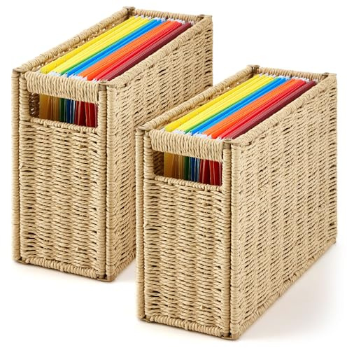 Teenyyou 2 Pack Hanging File Box 14.5 x 6 x 10.8 Inch Paper Rope Decorative Filing Basket Woven Document Organizer Folder Box with Handle Collapsible Letter Size Filing for Office Home Storage Decor