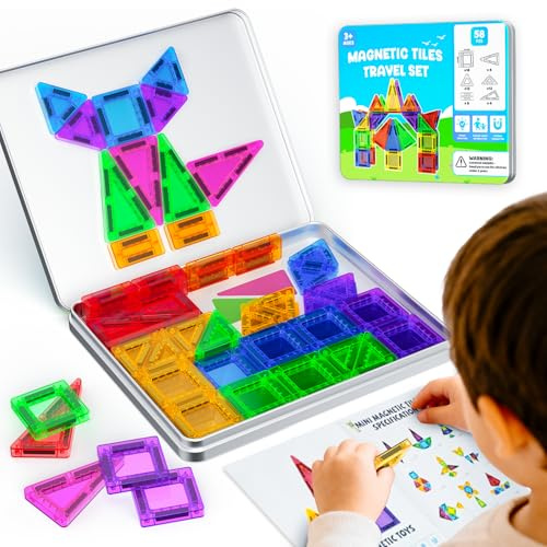 ACELIFE Magnetische Bausteine Reiseset, 58pcs Mini Magnetbausteine Tragbar Reisen Magnetische Fliesen Magnet Tiles Geschenk Spielzeug für 3 4 5 6 7 Jahre Kinder