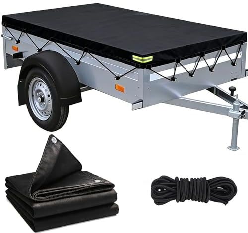 GYHWOFUL Telone per rimorchio 214 x 122 x 13 cm – 420D per rimorchi auto fino a 750 kg, telo piatto impermeabile e antivento, con occhielli e corda per telone, accessori per rimorchi