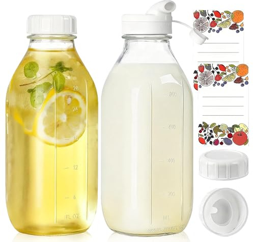 PORFOYO 2-pack mjölkflaskor i glas med lock: 1 liter glasflaskor med skalmärke, återanvändbar glasflaska för att fylla vatten sprit, juice, mjölkjuice