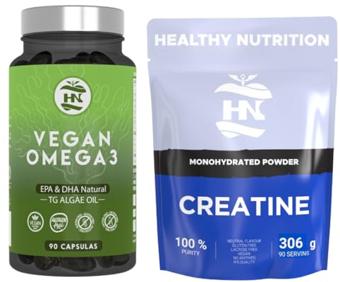 Pack Omega 3 Vegano - 90 Capsulas y Creatina Monohidrato en Polvo si sabor 306g (90 Dosis)