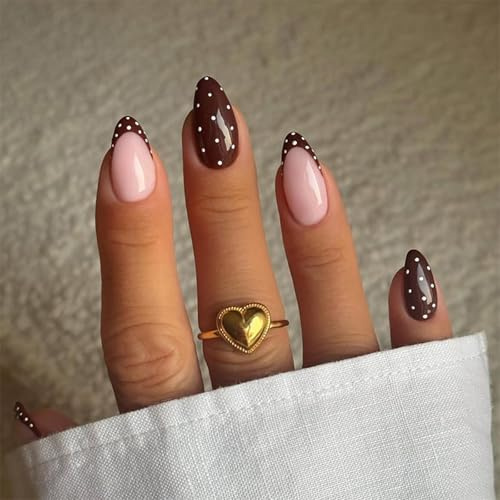 Polka Dot Almond Press On Nails - Glossy Brown French Tips & Nude Base, Reusable False Manicure Kit with Adhesive Tabs, Trendy Salon Quality Fake Nails for Women