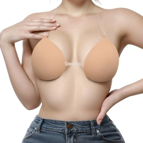 Sexy Code 1701 Invisible Sticky Adhesive Push Up Bra, Reusable Backless Strapless Push Up Bras with Clear Halter-Neck Strap, Silicone Nipple Covers for Weddings Party Dress