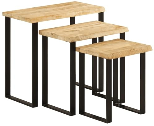 YunCangg Nesting Tables with Tree Edge Made of Solid Mango Wood, Set of 3 Side Table, Coffee Table with Powder-Coated Steel Legs for Living Room, Bedroom, Hallway, Shelf and Storage Space