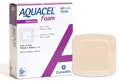 ConvaTec AQUACEL Foam 4x4 Wound Dressing with Silicone Gel Adhesive, Waterproof, Flexible, Medical Grade with Hydrofiber Technology, Sterile, Square, 10ct Box