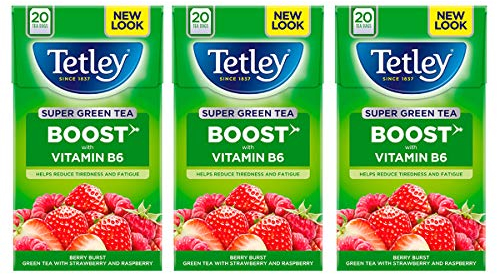 Tetley Super Green Tea Boost Strawberry & Raspberry, Pack of 3, 60 Teabags Total