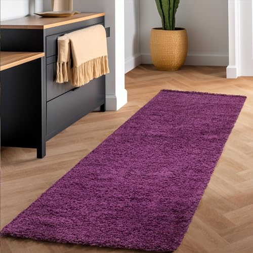 SIMPEX Flauschiger Teppich Wohnzimmer Schlafzimmer Läufer Flur Esszimmer Küchenteppich Hochflor Einfarbig Modernes Design 30 mm Florhöhe Kuschelweich, Violett, 60 x 110 cm