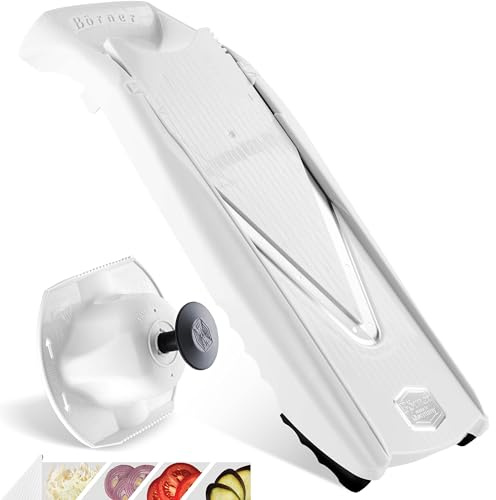 Börner Gemüsehobel V5 (Basis Set) • V-Hobel für Scheiben in 4 Schnittstärken • Scheibenschneider mit Edelstahl V-Klinge • Verstellbarer Küchenhobel für Gemüse & Obst • Farbe: Weiß