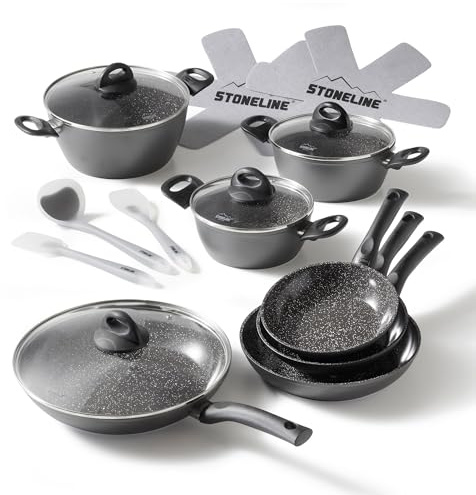 STONELINE Ceramic Batterie de Cuisine Céramique 16 pcs 18/20/24/28 Sans PFAS Set Poêles et Casseroles avec Couvercle, Tous feux Induction, Revêtement Antiadhésif avec vraies particules de pierre, Gris