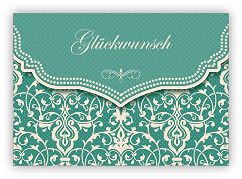 4x Schöne Glückwunschkarte mit Vintage Damast Muster in edlem Hellblau türkis zur Hochzeit, Taufe, Geburt, Examen etc: Glückwunsch • individuelle Klappkarte mit Umschlag zum Gratulieren