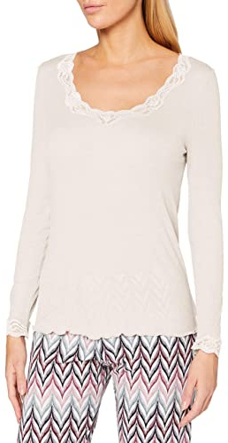 CALIDA Richesse Lace T-Shirt Manches Longues Laine & Soie Femme, en Laine Vierge et Soie, Fines côtes, thermorégulation et neutralisation des odeurs