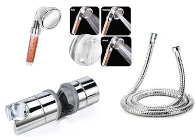 Hairstore Cabezal de ducha con manguera, cabezal de ducha de mano de filtración de 3 posiciones, manguera de 1,5 m, 3 ajustes, plateado, acabado cepillado