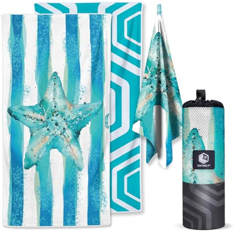 VENTURE 4TH Microfiber Beach Towel: Quick-Dry, Compact, Sand-Free, Absorbent, Sandproof and Lightweight - Perfect for Camping, Beach, and Roadtrips (Striped Starfish Design | 35x78 inches)