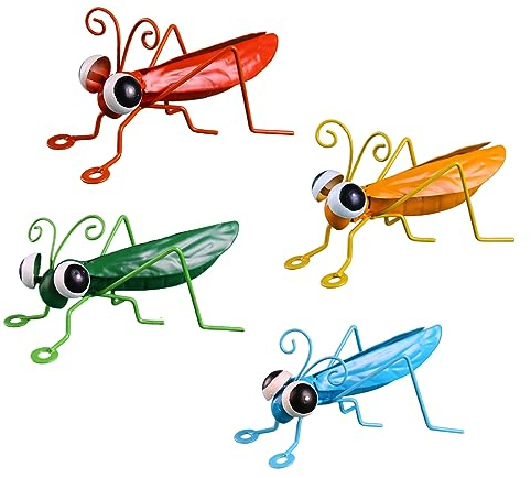 Lot de 4 figurines d'insectes en fer - Figurine de sauterelle - Figurine décorative de jardin - Décoration murale en métal - Sculpture murale pour cour, extérieur, terrasse