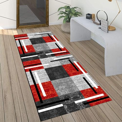 QQrunner Löpare, Golvmatta, Hallmatta, Halkfri, Grå Röd, 60 x 100 cm, Köksmatta, Vintage, Tvättbar, Metervara, Sovrum, Korridor, Matta, Lång, Anpassningsbar, 60/70/80/90/10/120 cm Bred