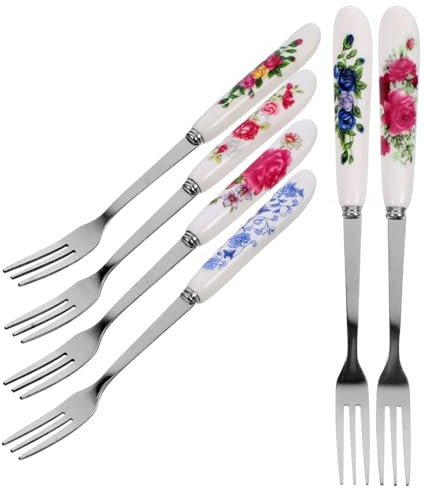 TOPBATHY 6Pcs Stainless Steel Dessert Forks with Ceramic Handles - Multi-Function Small Forks for Cake Pastry Fruit and Party Use