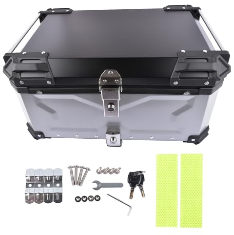 Mazonda 65L Aluminum Waterproof Motorcycle Top Case, Trunk Tail Box with Security Lock for Luggage Silver