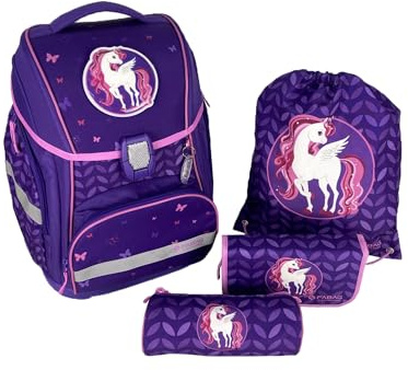 FaBAG 78085-074 - 5-teiliges Schulranzen-Set Unicorn/Butterfly mit Turnbeutel, Federmappe, Schlamperrolle und individuellen Patches, leicht und ergonomisch, ca. 22 l Volumen