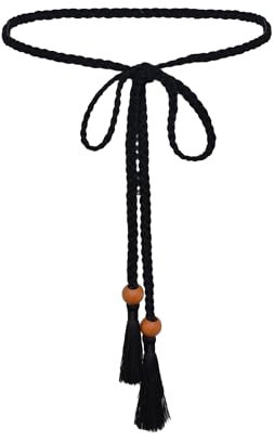 TeeYee Damen Taillengürtel Boho Gürtel mit Quaste Mädchen Flechtgürtel Bindegürtel Bauchkette Schmaler Gürtel für Kleid Belt Women 279Schwarz
