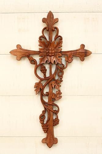 G6 Collection 16 Wooden Hand Carved Wall Plaque Relief Panel Hanging Sculpture Handcrafted Art Religious Gift Decorative Home Decor Accent Handmade Wood Decoration Artwork (16 Curling Vines Cross)