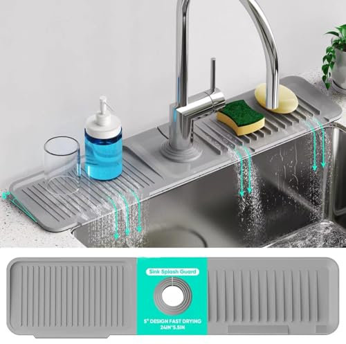 2 in 1 silicone sink faucet mat in Silicone con Pendenza 5°, 61x14cm paraspruzzo del lavello della cucina per Rubinetti da 3.5-7cm, Tappetino Drenante Antigoccia,Proteggi Lavandino per Cucina, Grigio
