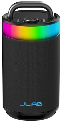 JLab Epic Party Bärbar Bluetooth-högtalare, svart, 360-graders ljud med 100 watt effekt, 16+ timmars speltid, anpassningsbar RGB LED-belysning, Lab Sync upp till 100 högtalare, anpassad ljud i app