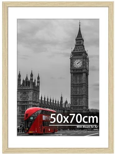 Tinkeps 50x70cm Frame, Oak Wood, 1 Pack | Engineered Wood and Plexiglass, Picture Frames 50cm x 70cm with Mount for A2 Prints, Photos, and Posters, Wall Mountable