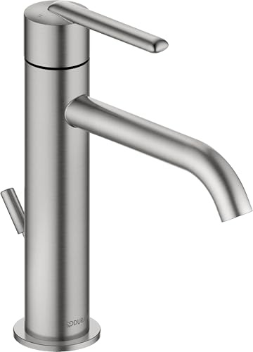 Duravit Balcoon tvättställskran, storlek M (pip höjd 138 mm), energibesparande tvättställskran, vattenbesparande kran badrum (MinusFlow), med dragstång avloppsarmatur, borstat rostfritt stål